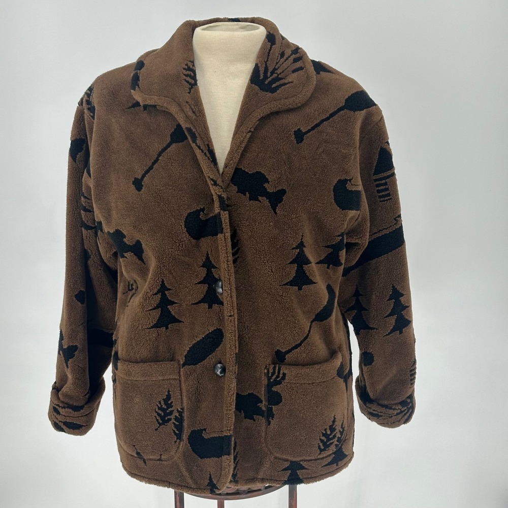 Vtg Denali Men's Brown Sherpa Fleece Jacket‎ Nature Moose Trees Canoes Puddle M